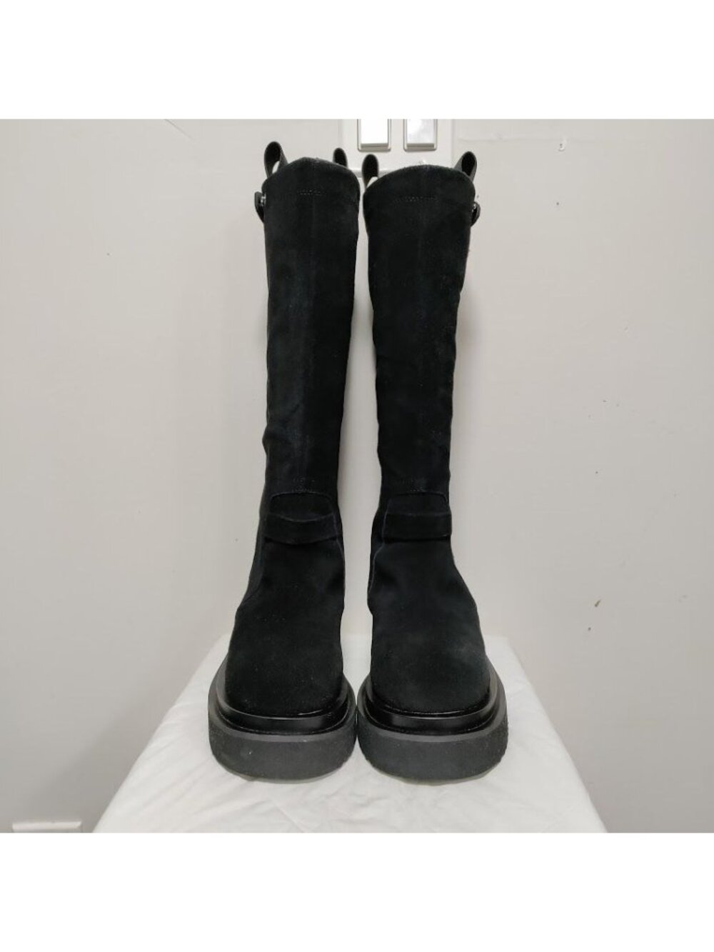 Black Suede Knee Mens Size 8 High Boots With Chunky Sole & Stacked Heel Rocker - Picture 7 of 15